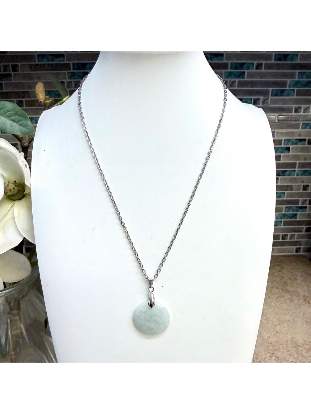 Natural Pale Green Moonstone Pendant Necklace Silver Tone Cable Chain Minimalist